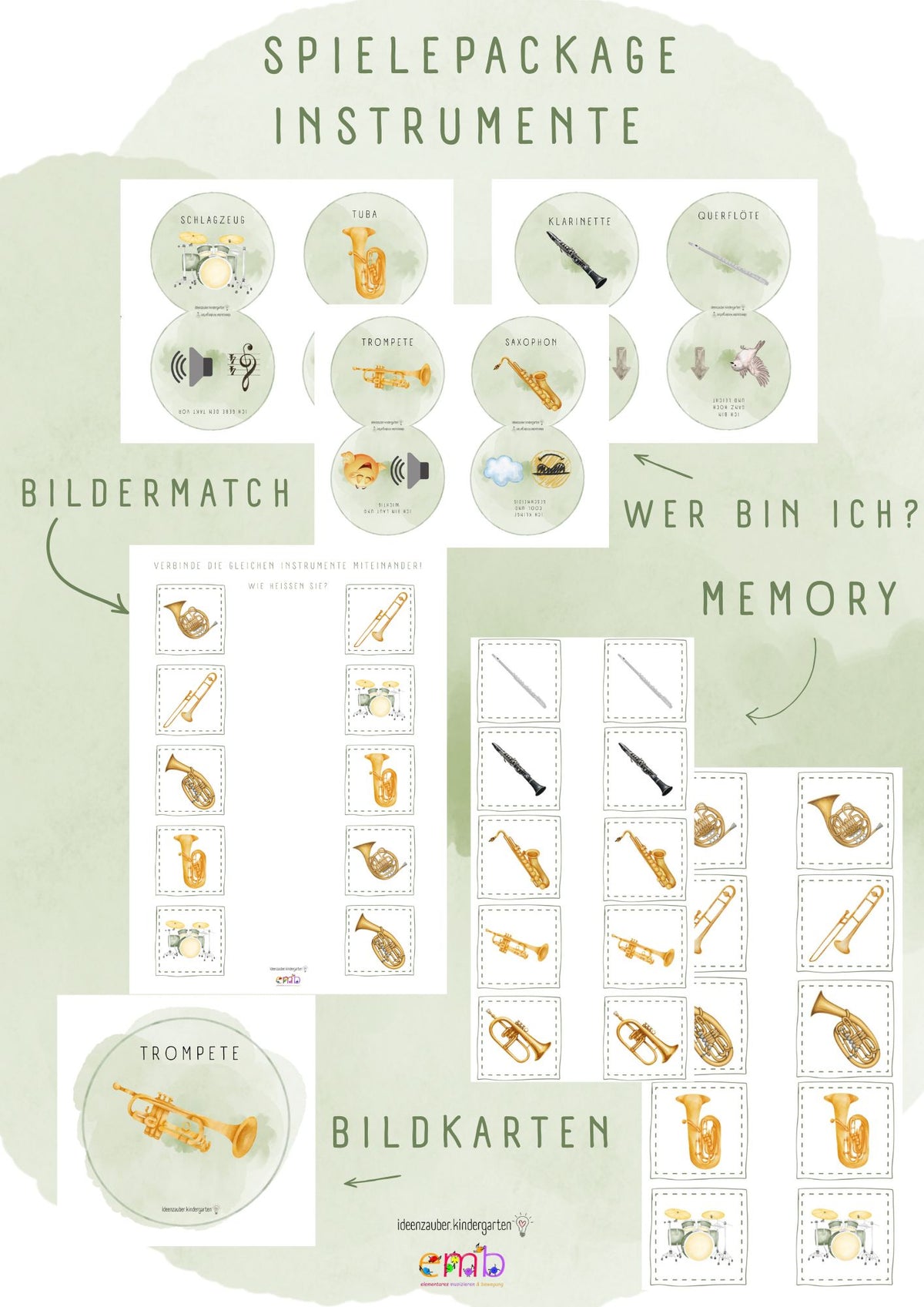 Spielepackge Instrumente: Lernspiele zu Instrumenten | Memory, Bildkarten, Wer bin ich? & Bildermatch | Kindergarten, Vorschule & Musikunterricht